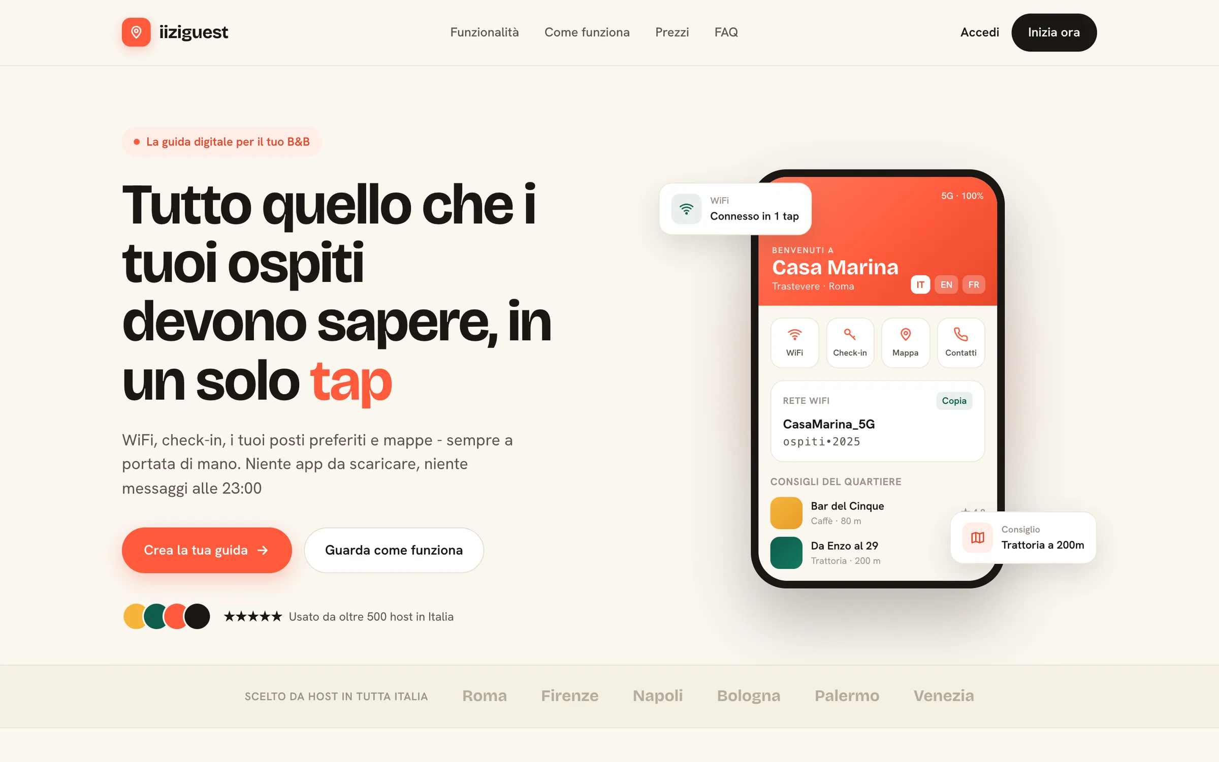 iiziguest landing page: the hero and a phone showing a B&B guide with Wi-Fi, check-in, map and local tips