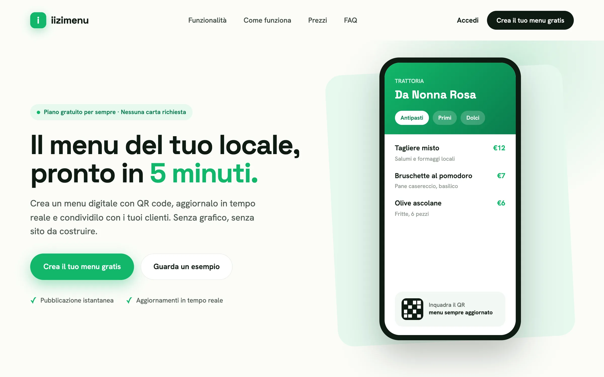 iizimenu landing page in Italian: the headline and a phone showing a sample trattoria menu