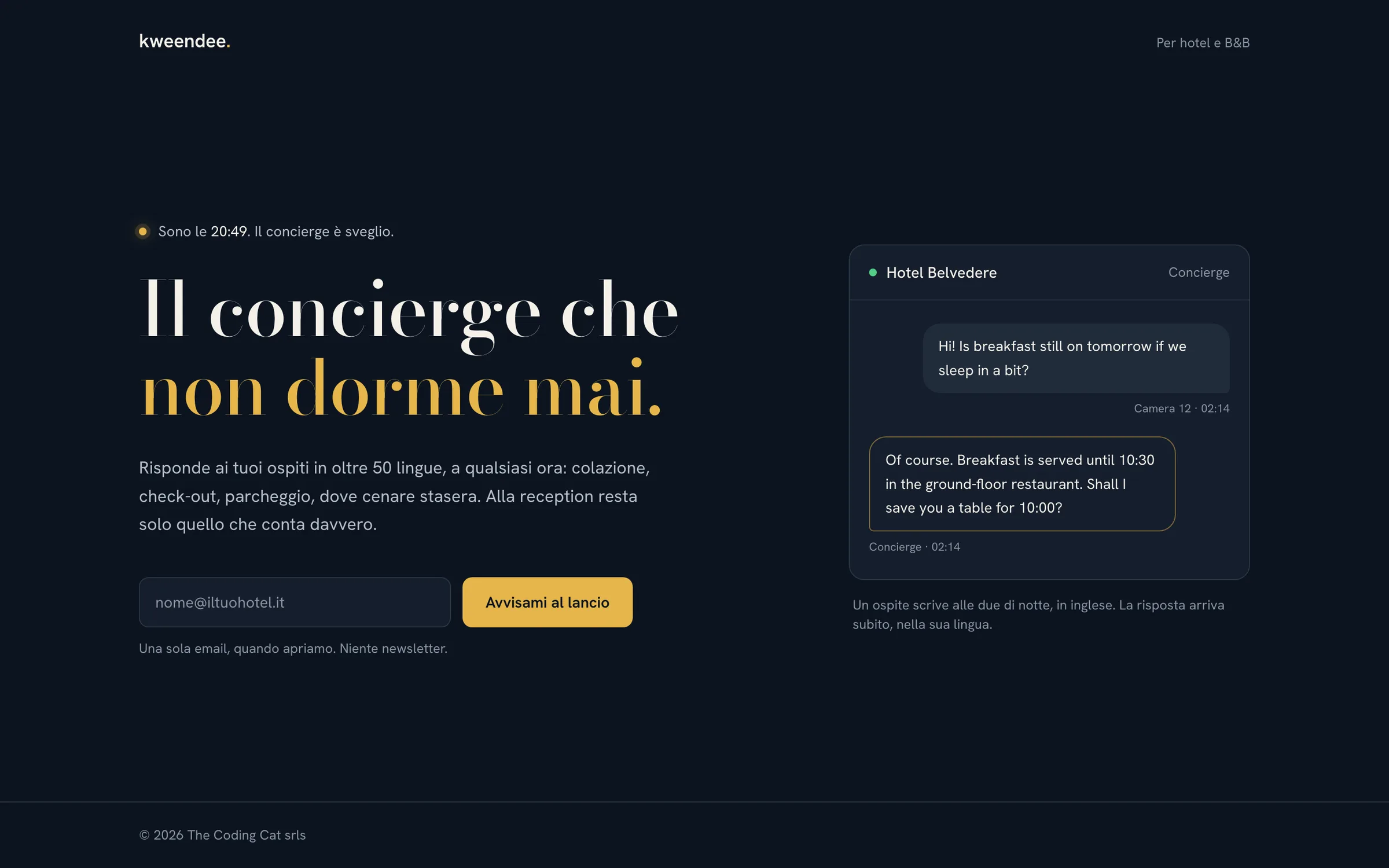 Kweendee landing page: the hero and a guest chat with the concierge at 2 am