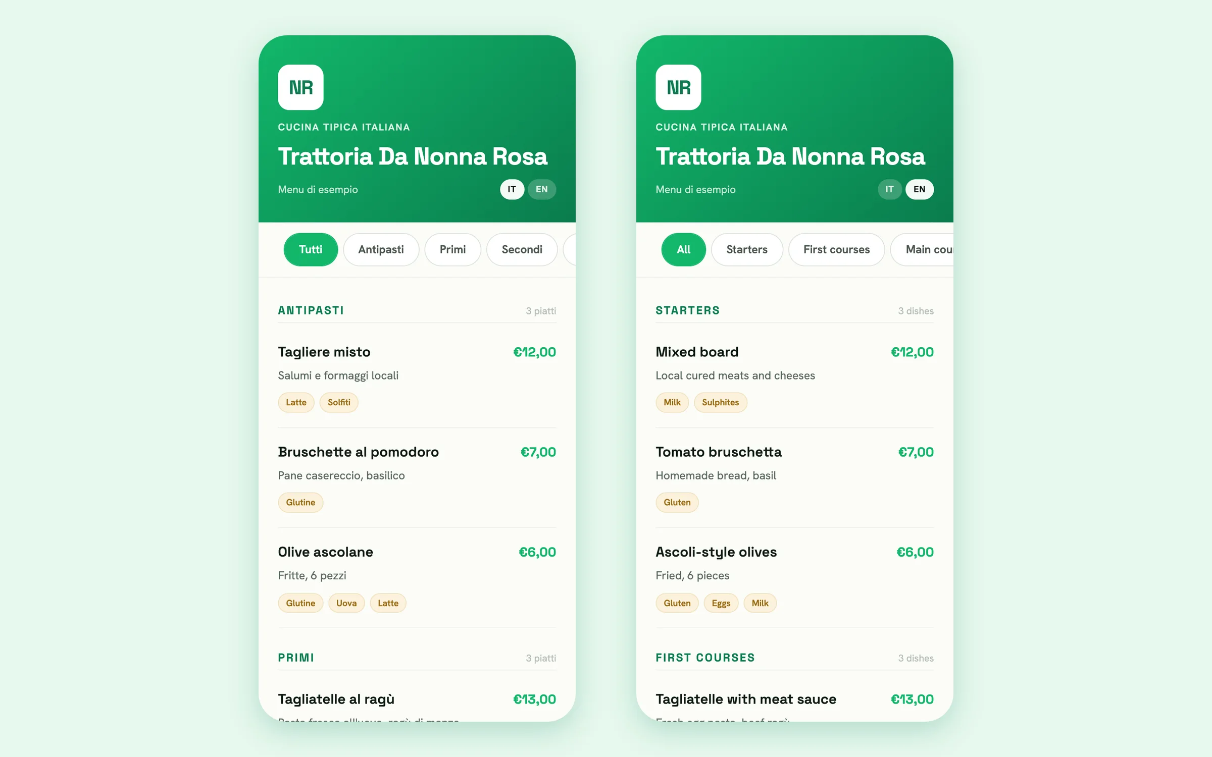 The sample menu of a fictional trattoria on two phones, in Italian and English, with dishes, prices and allergens
